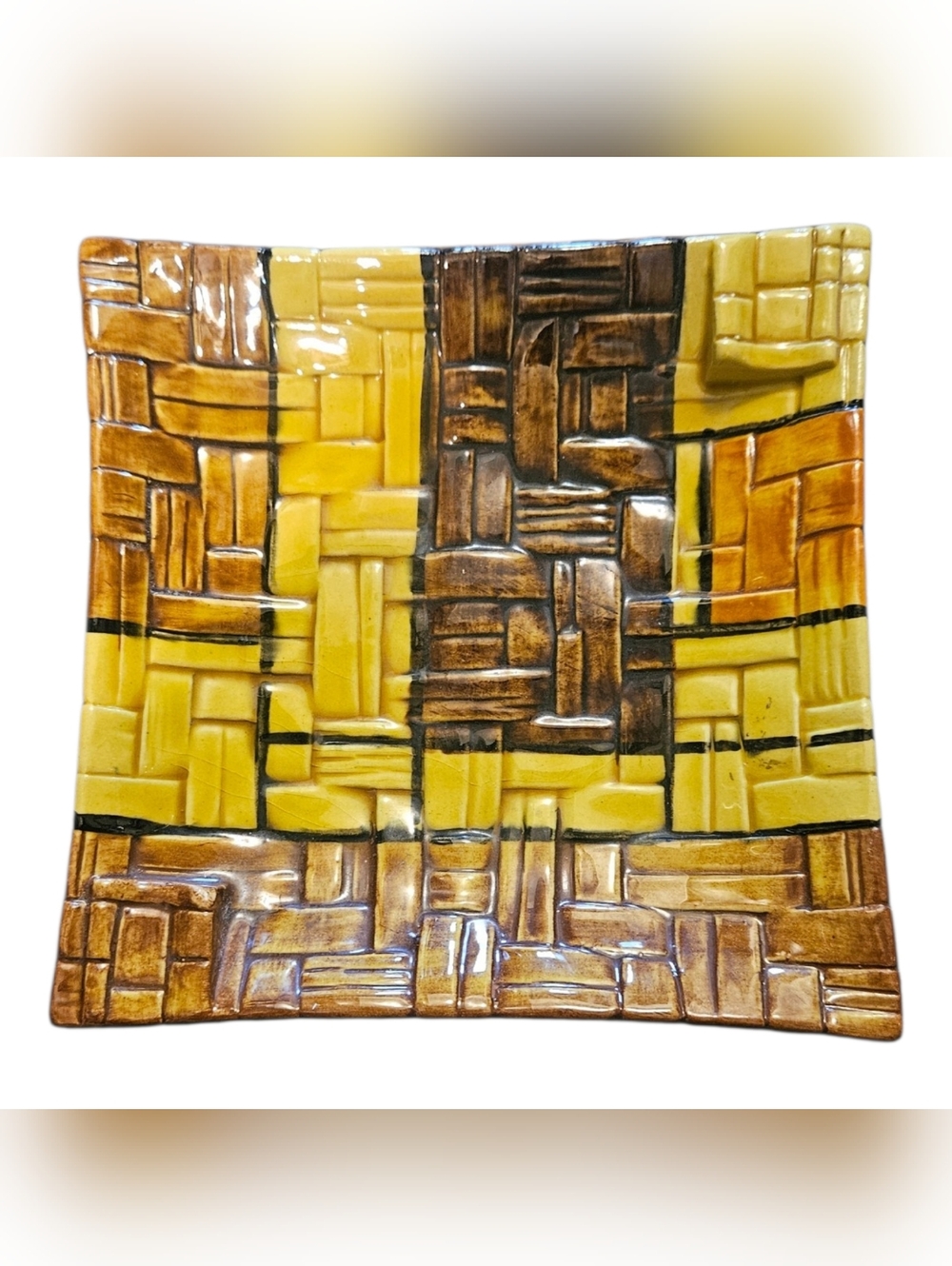 Vintage Rare Rosenthal Netter Basket Weave MCM Yellow Brown Ashtray Italy